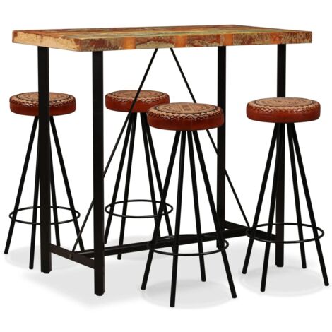 Mesa y 4 taburetes bar madera maciza reciclada cuero real lona vidaXL