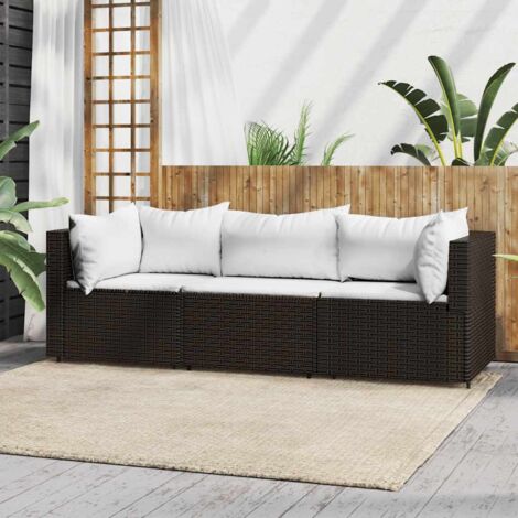Set muebles de jardín 3 piezas y cojines ratán sintético marrón vidaXL