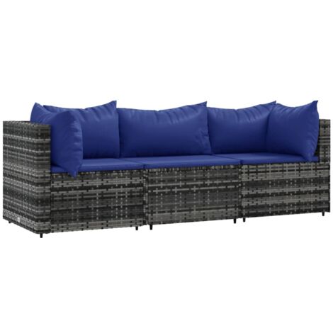 Set de muebles de jardín 3 pzas y cojines ratán sintético gris vidaXL