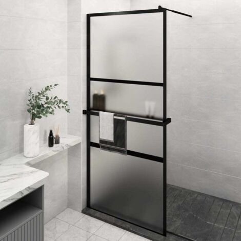 Mampara ducha con estante vidrio ESG y aluminio negro 90x195 cm vidaXL