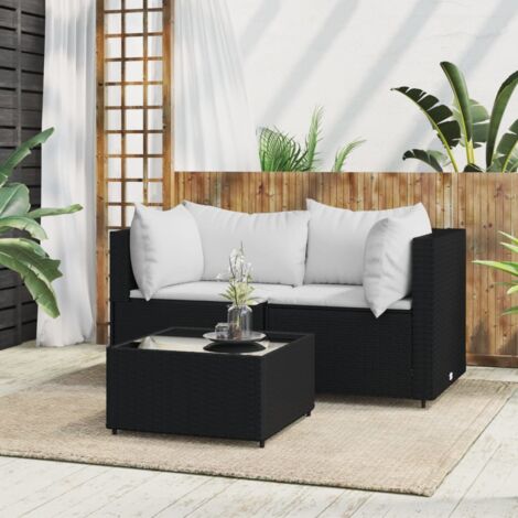 Set de muebles de jardín 3 pzas y cojines ratán sintético negro vidaXL