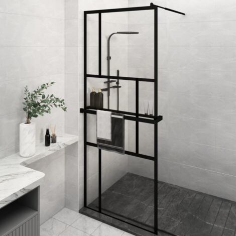 Mampara ducha con estante vidrio ESG y aluminio negro 80x195 cm vidaXL