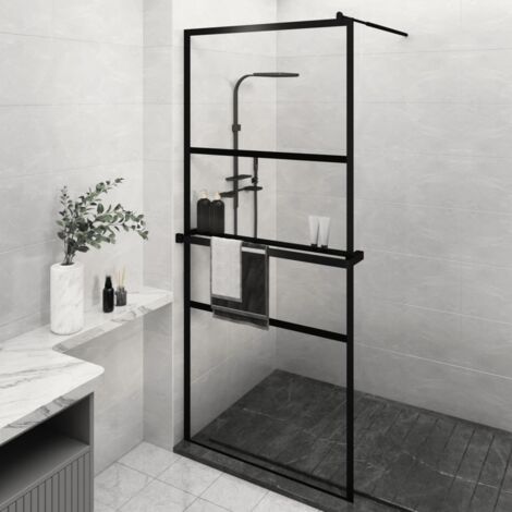 Mampara ducha con estante vidrio ESG y aluminio negro 90x195 cm vidaXL