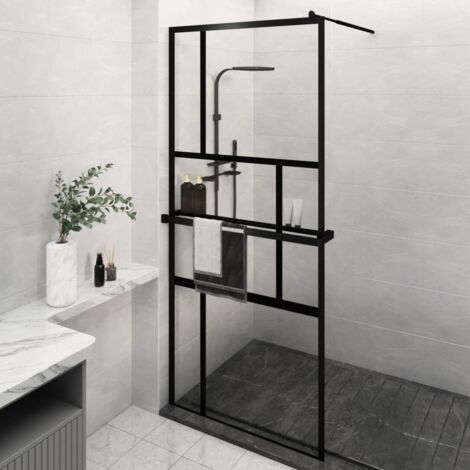 Mampara ducha con estante vidrio ESG y aluminio negro 90x195 cm vidaXL