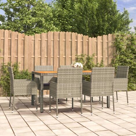 Set comedor jardín 7 pzas y cojines ratán sintético gris vidaXL