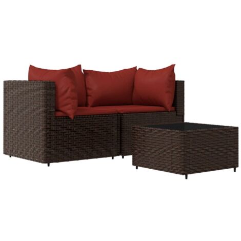 Set muebles de jardín 3 piezas y cojines ratán sintético marrón vidaXL