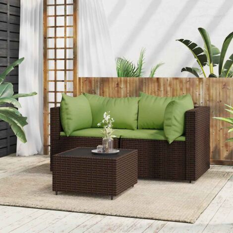 Set muebles de jardín 3 piezas y cojines ratán sintético marrón vidaXL