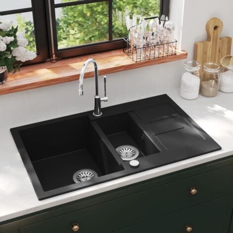 Fregadero de cocina con 2 senos granito negro vidaXL