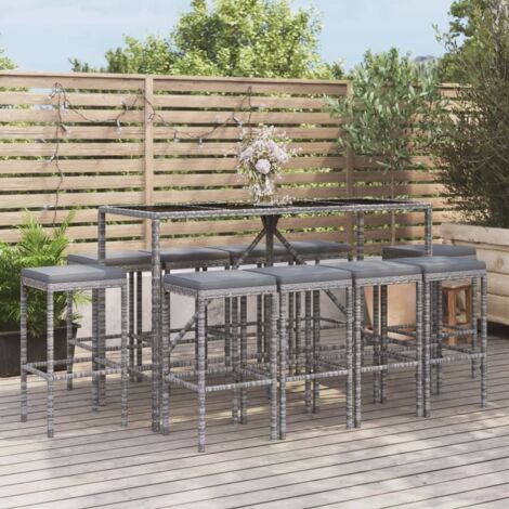 Mesa y taburetes altos jardín 11 piezas y cojines ratán PE gris vidaXL