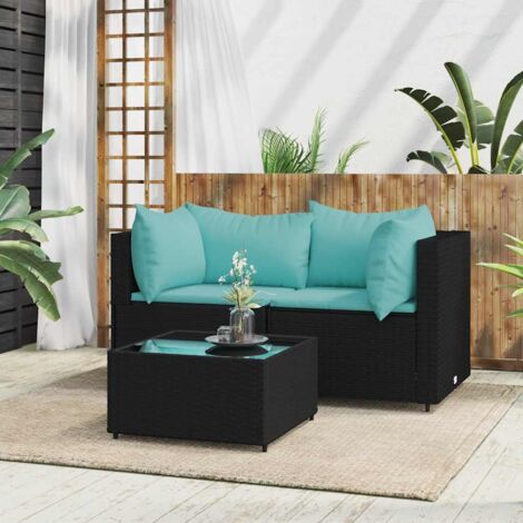 Set de muebles de jardín 3 pzas y cojines ratán sintético negro vidaXL