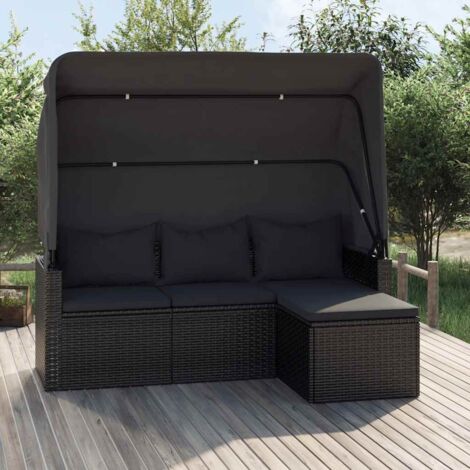 Sofá jardin 3 plazas con toldo y taburete ratán sintético negro vidaXL