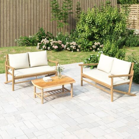 Banco de jardín de bambú con cojines blanco crema vidaXL