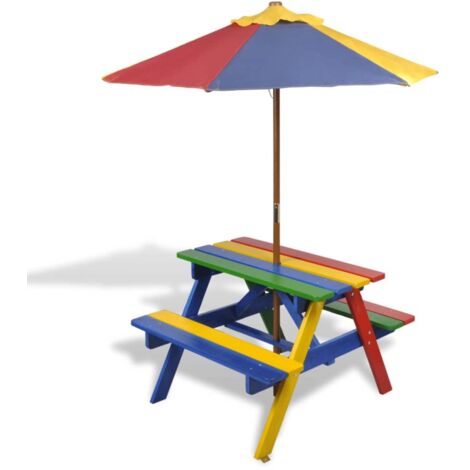 Mesa de picnic y bancos de niños y sombrilla madera multicolor vidaXL