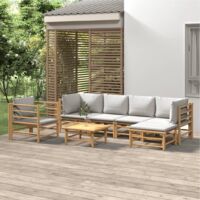 Set de muebles de jardín 7 piezas bambú y cojines gris claro vidaXL