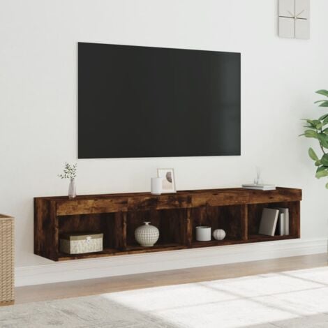 Mobile Porta TV Bianco Legno Sospeso Parete Luci LED 2 Ante