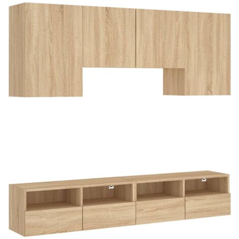 vidaXL Mobili TV a Muro con LED 4pz Rovere Sonoma Legno Multistrato