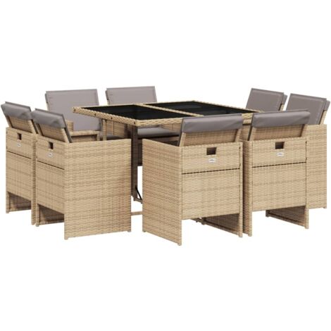 vidaXL Set Pranzo da Giardino 9 pz con Cuscini Beige Misto Polyrattan