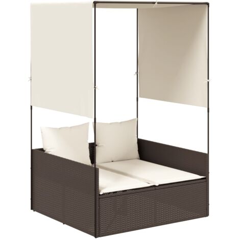 vidaXL Lettino Prendisole con Tetto e Tende Marrone in Polyrattan