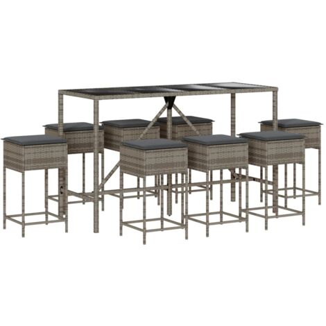 Set Bar da Giardino 9 pz con Cuscini in Polyrattan Grigio vidaXL