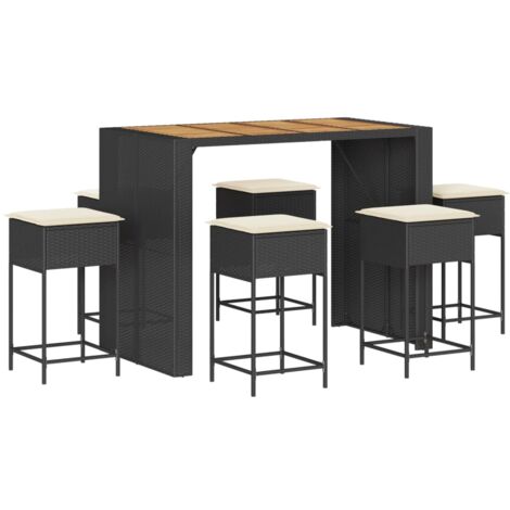 Set Bar da Giardino 7 pz con Cuscini in Polyrattan Nero vidaXL