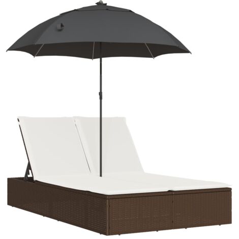 vidaXL Lettino Prendisole Doppio Cuscini e Parasole Marrone Polyrattan