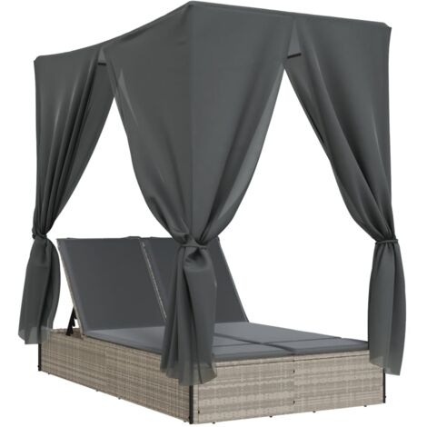 vidaXL Lettino Prendisole Tetto e Tende Grigio Chiaro in Polyrattan (1/5)