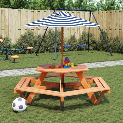 Tavolo Picnic per 6 Bambini con Ombrellone Esagono Legno Abete vidaXL