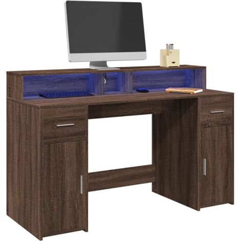 vidaXL Scrivania con Luci LED Marrone Rovere 140x55x91 cm Multistrato