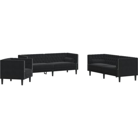 vidaXL Set Divani Chesterfield 3pz con Cuscini Nero Velluto