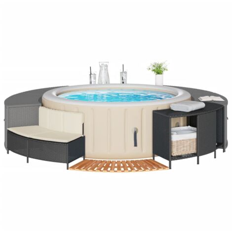 Bordo per Spa Nero in Polyrattan e Legno Massello di Acacia vidaXL
