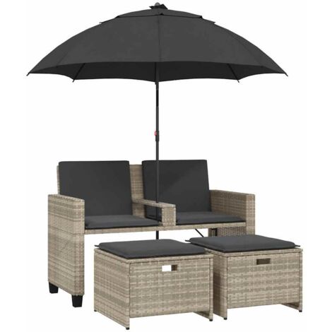 vidaXL Divano 2Posti Ombrellone e Sgabelli Grigio Chiaro Polyrattan
