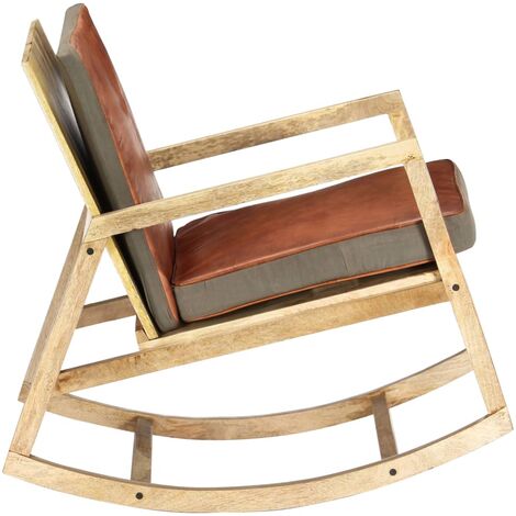 Sedia a Dondolo Marrone in Vera Pelle e Legno Massello di Mango vidaXL