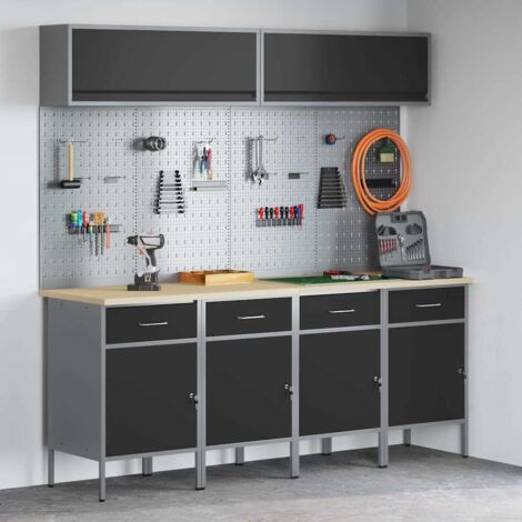 Sets di armadietti da lavoro e pegboard da 10 pezzi  in MDF e metallo neri vidaXL