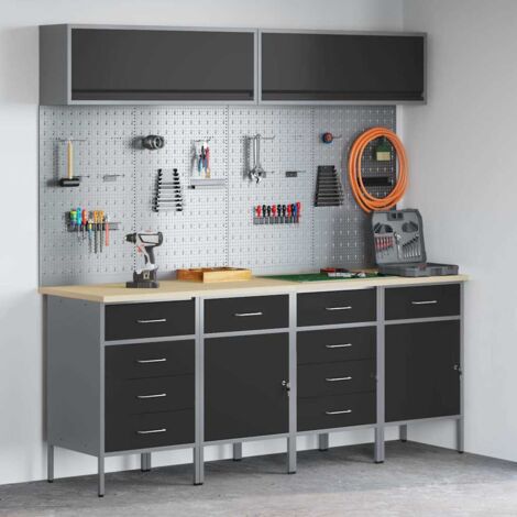 Set di Armadietto da Lavoro e Pannello Forato da 10 Pezzi in MDF e Metallo Nero vidaXL
