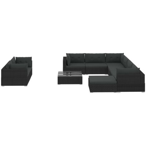 Set Divani da Giardino 10 pz con Cuscini in Polyrattan Nero vidaXL (1/5)
