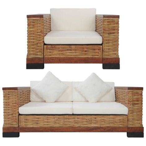 Set di Divani 2 pz con Cuscini in Rattan Naturale Marrone vidaXL (1/5)