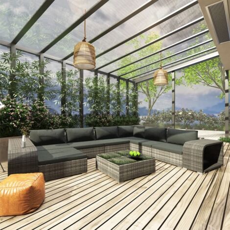 vidaXL Set Divani da Giardino 10 pz con Cuscini in Polyrattan Grigio (1/5)