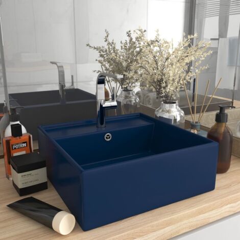 vidaXL Lavabo Troppopieno Quadrato Blu Scuro Opaco 41x41cm Ceramica