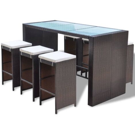 Set da Bar da Giardino 7 pz con Cuscini in Polyrattan Marrone vidaXL