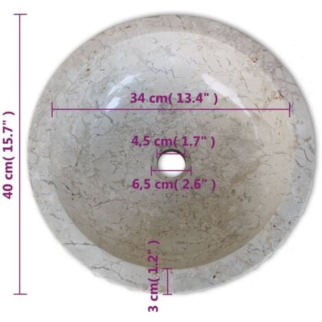 Lavabo de mármol 40 cm color crema vidaXL