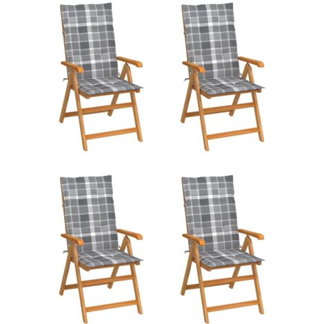 Sedie Giardino 4 pz e Cuscini Grigi a Quadri Massello di Teak vidaXL (1/5)