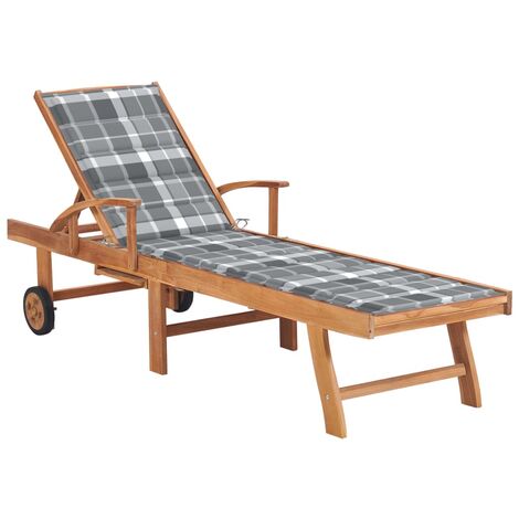 Lettino Prendisole con Cuscino Grigio a Quadretti Legno di Teak vidaXL