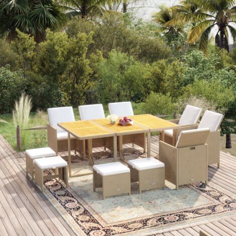 Set da Pranzo da Giardino 11 pz con Cuscini in Polyrattan Beige vidaXL