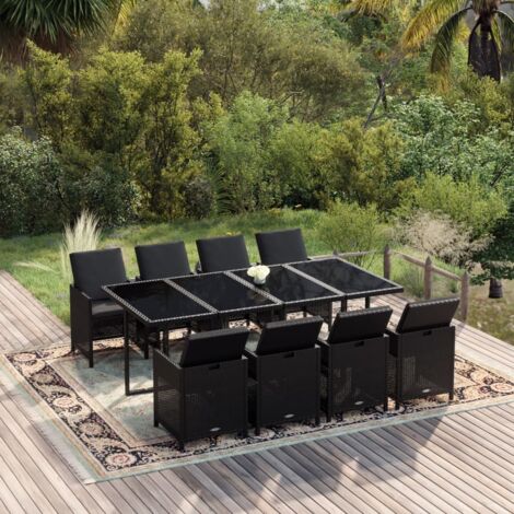 Set da Pranzo da Giardino 9 pz con Cuscini Nero in Polyrattan vidaXL