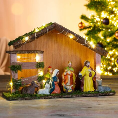 Presepe di Natale Illuminato con LED in Legno Decorazione HI