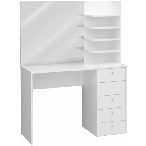 Tavolo Da Toeletta Con Specchio Rettangolare E 5 Cassetti – Include Sgabello Imbottito – Struttura In MDF Bianco, Dimensioni 135 X 100 X 50 Cm – Design Glamour Per Camera Da Letto - 4