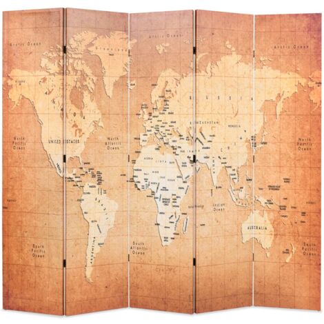 vidaXL Paravento Pieghevole 200x170 cm Stampa Mappa del Mondo Giallo