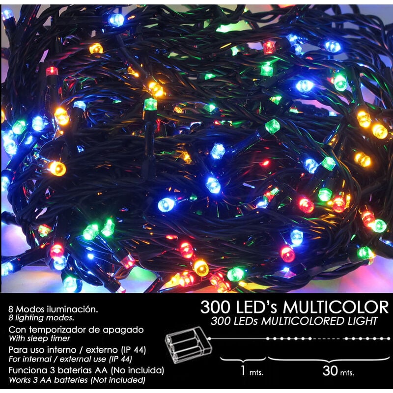 Luces Navidad A Pilas 300 Leds Multicolor Interior / Exterior (IP44)
