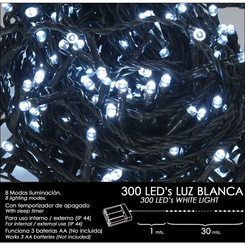 Luces Navidad A Pilas 300 Leds Luz Blanca Interior / Exterior (IP44)