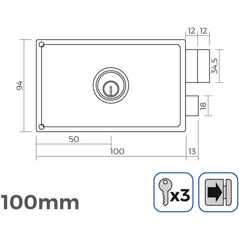 CERRADURA DERECHA 100mm 3 LLAVES INCLUIDAS EDM
